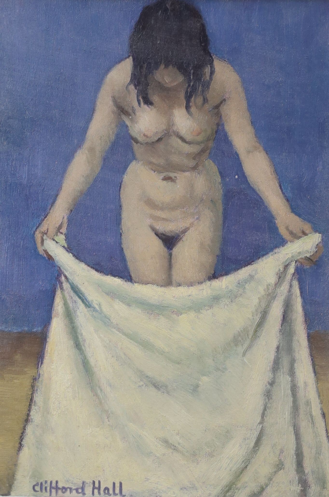 Clifford Hall (1904-1973), oil on board, Nude folding a sheet, signed, 21 x 15cm